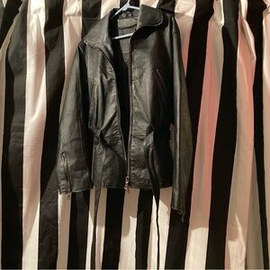 Women's Black Leather Belted Coat